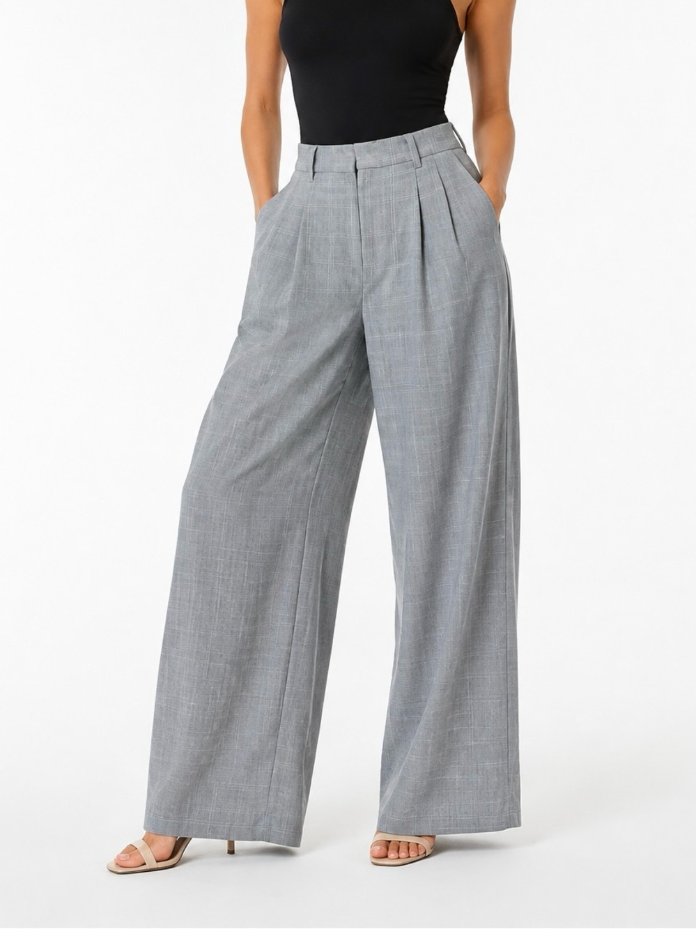 Maeve Gray Plaid Wide-Leg Trousers